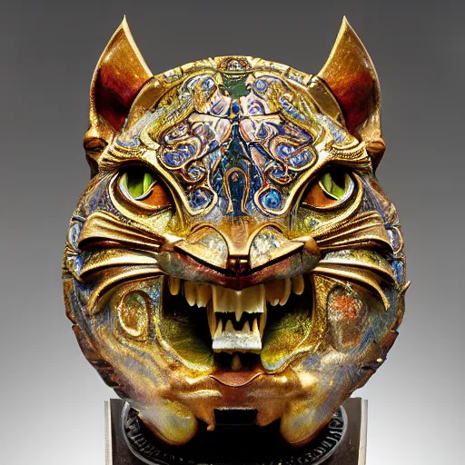 Image similar to masterpiece sculpture of an ornate bejeweled mechanical cat head, by annie swynnerton and diego rivera and nicholas roerich and jean delville, symbolist, dramatic lighting, god rays, elaborate geometric ornament, art brut, rich colors, smooth, sharp focus, extremely detailed, adolf wolfli and ( donato giancola )