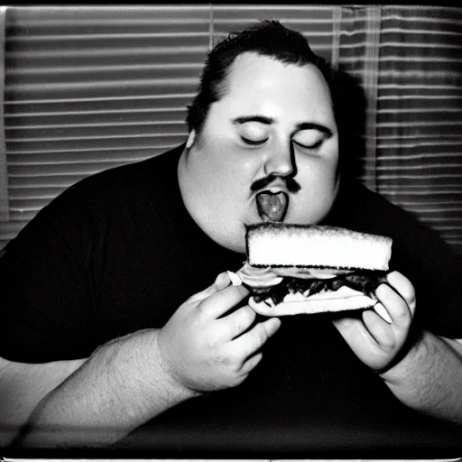 Prompt: a black and white film snapshot of a fat man biting into a sandwich. holga, lomo, lomography, retro, toy camera, film, plus - x, vintage, photo