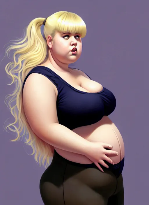 Image similar to full body portrait, teenage betty cooper, blonde hair, obese, bangs, ponytail, sultry, realistic, sultry smirk, fluffy bangs, curly bangs, fat, belly, beautiful girl, intricate, elegant, highly detailed, digital painting, artstation, concept art, smooth, sharp focus, illustration, art by wlop, mars ravelo and greg rutkowski