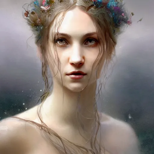 Prompt: dreams of the fae, papery flaking skin, with different colored eyes and flowing hair underwater, three-quarters portrait, intricate, elegant, sharp focus, illustration, highly detailed, digital painting, concept art, matte, by Aleksi Briclot and by Ivan Aivazovsky and by Greg Rutkowski, artgerm, wlop, masterpiece