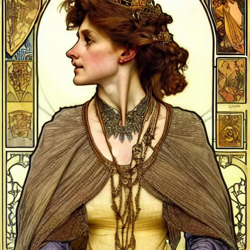 Image similar to highly detailed portrait of a majestic lioness queen in the form of a beautiful woman. d & d, art by anton pieck and augustus edwin mulready and alphonse mucha. trending on artstation, intricate details, energetic composition, golden ratio, concept art, illustration, elegant art