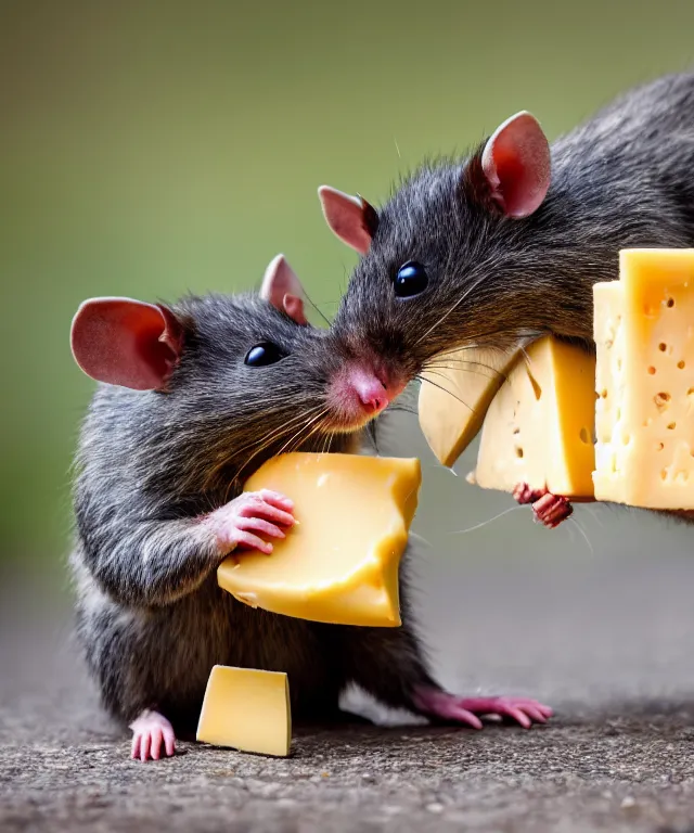 Image similar to high quality presentation photo of vicious anthropomorphic rats with sharp teeth eating cheese, and fighting each other over cheese, photography 4k f1.8 anamorphic bokeh 4k Canon Nikon