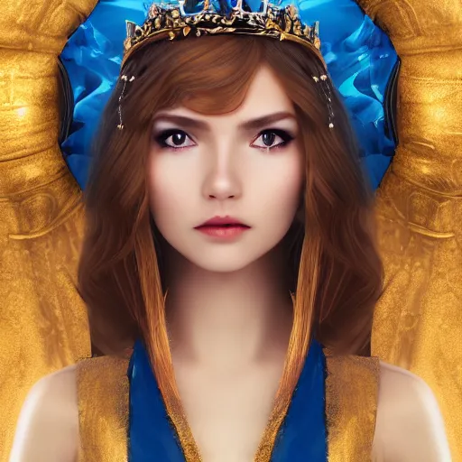 Prompt: a photographic portrait of an fantasy 30 years old princess with a deep blue sapphire and gold diadem, warmer colours, more tan face, light brown hair, cinematic light, by Zhang Jigna, canon 50mm, artstation