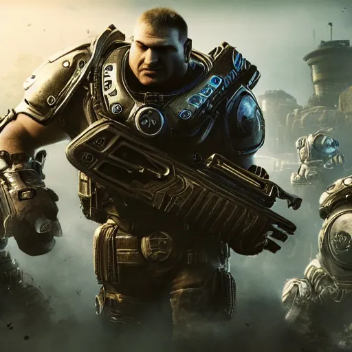 Prompt: Minions in 'Gears of War', splash art, movie still, cinematic lighting, detailed face, dramatic, octane render, long lens, shallow depth of field, bokeh, anamorphic lens flare, 8k, hyper detailed, 35mm film grain