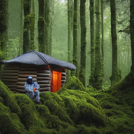 Prompt: photograph of an astronaut sitting inside a small wooden hut, heavy rain, alien planet, portrait picture, trees, forest, ferns, moss, wet, astronaut is relaxing