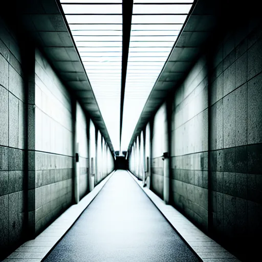 Image similar to The wide hallways in a futuristic prison underground, brutalist liminal architecture, sigma 85mm f/1.4, 4k, depth of field, high resolution, 4k, 8k, hd, full color