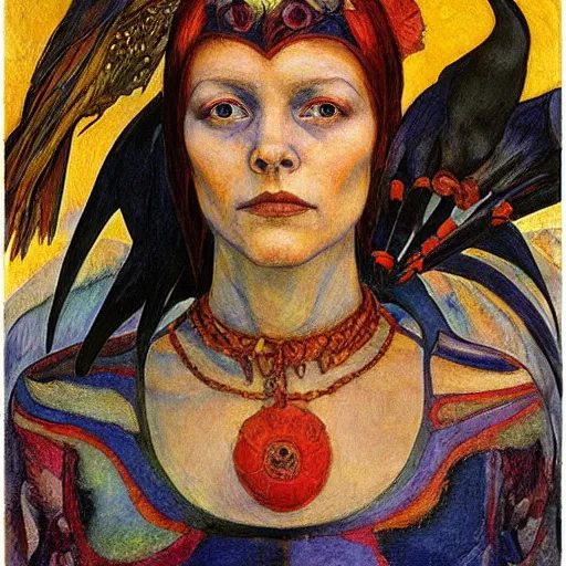 Image similar to the android in her crow crown, by Annie Swynnerton and Diego Rivera, symbolist, dramatic lighting, elaborate geometric ornament, Art Brut ,god rays, soft cool colors,smooth, sharp focus, extremely detailed, Adolf Wölfli