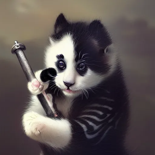 Image similar to drawning of a cute kitten with panda body and cat face, in a kimono, holds a sword, artwork by greg rutkowski, highly detailed, matte painting, digital art, 4 k