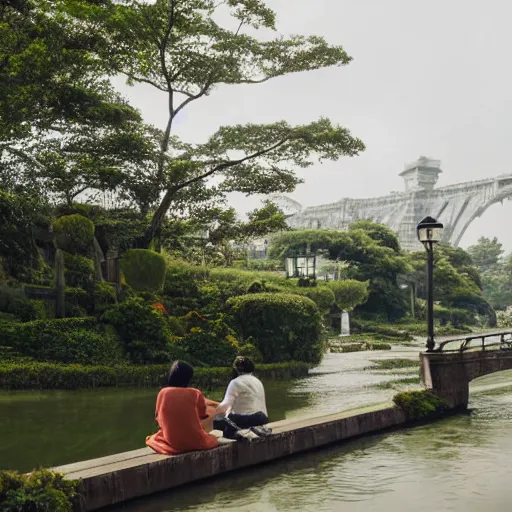 Image similar to a couple sitting on the bridge close to the river with a lot of water lily made by studio ghibli