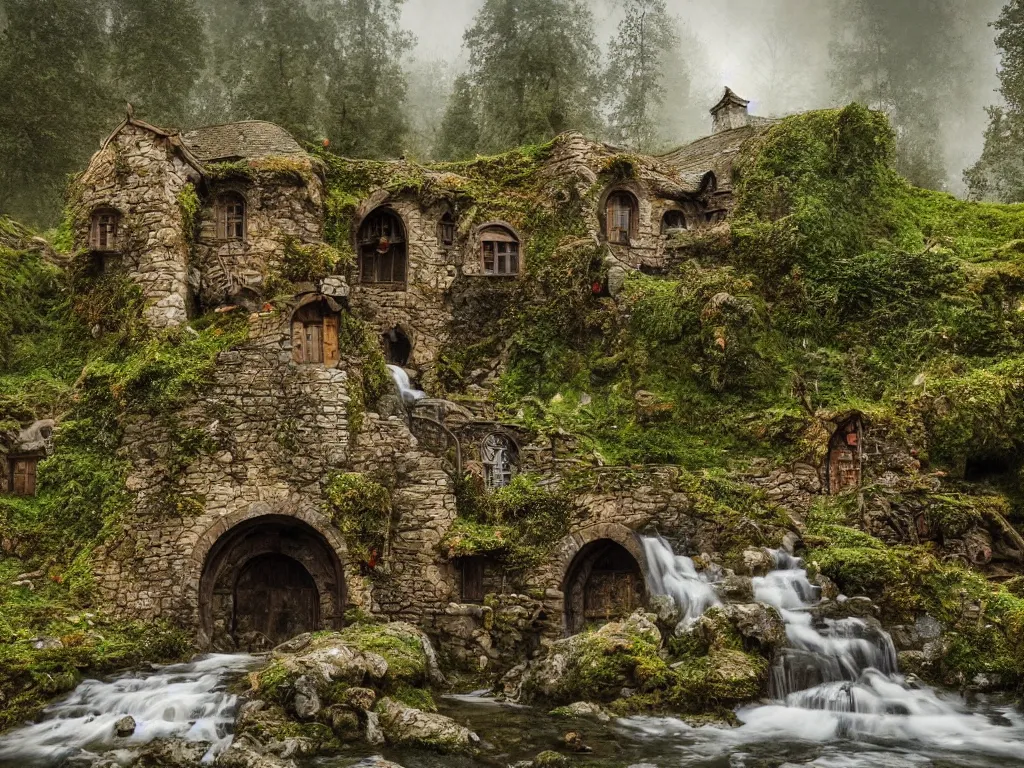 Prompt: medieval hobbit home, ornate, beautiful, atmosphere, vibe, mist, smoke, chimney, rain, wet, pristine, puddles, waterfall, melting, snow, creek, lush, ice, bridge, forest, flowers, james jean