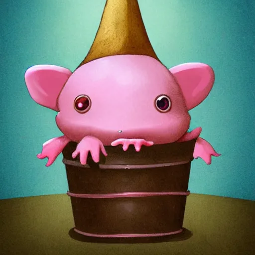 Image similar to pink axolotl in a bucket wearing a wizard hat, cartoon, cute, trending on artstation, digital art