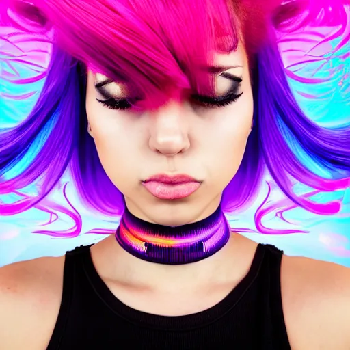 Prompt: a award winning action upper body portrait of a beautiful woman with a ombre purple pink hairstyle with head in motion and hair flying, choker, outrun, vaporware, vivid colors, highly detailed, fine detail, intricate