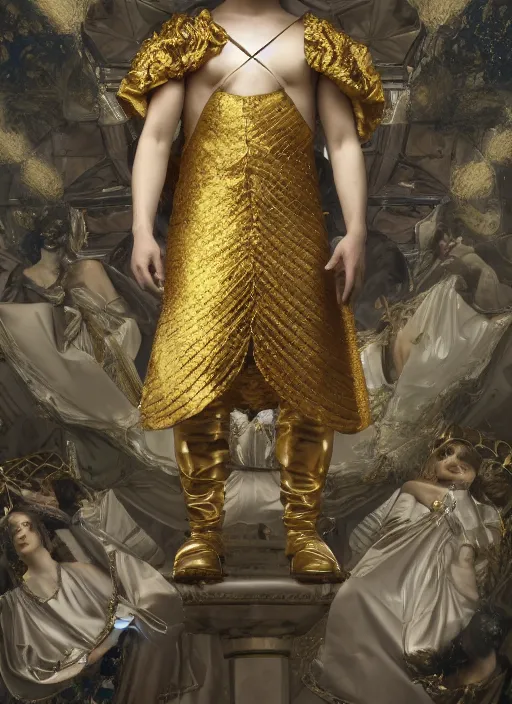 Image similar to young handsome Camilo as a paper man wearing a golden crown and a black tissue paper prince tuxedo by Prada. ethereal, fantasy, Lawrence Alma-Tadema, James Jean, oozium, peter morbacher, angelarium, alchemy, luxury, heavenly light, Soft illumination, Trending on artstation, Cinematic Lighting, very detailed, 3D, octane render, artgerm