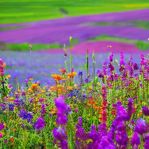 Image similar to photograph of a farm of colourful wildflowers, spring season, atmospheric