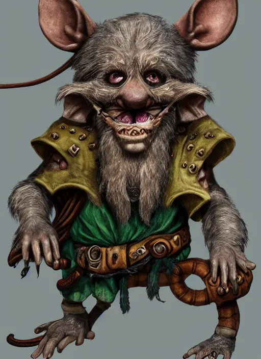 Prompt: anthropomorphic rat with human eyes and a gray beard, wearing jewelry, tricorne hat, green robe, skaven, warhammer fantasy, d & d, digital art, detailed face, highly detailed, trending on artstation, realistic