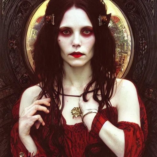 Image similar to portrait of a lady vampire, 35mm, victorian, depth of field, ominous, sharp, highly detailed, photorealistic, realistic, unreal 5, high definition, 8k, deviantart, donato giancola, irwin penn, Alphonse Mucha