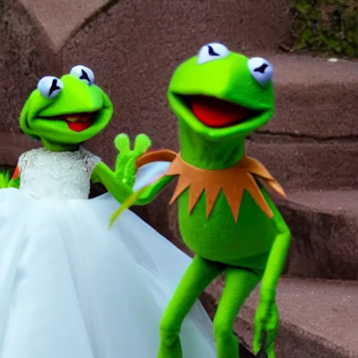 Prompt: Kermit the frogs wedding, marrying a beautiful woman in a long white wedding dress 4k hd photo