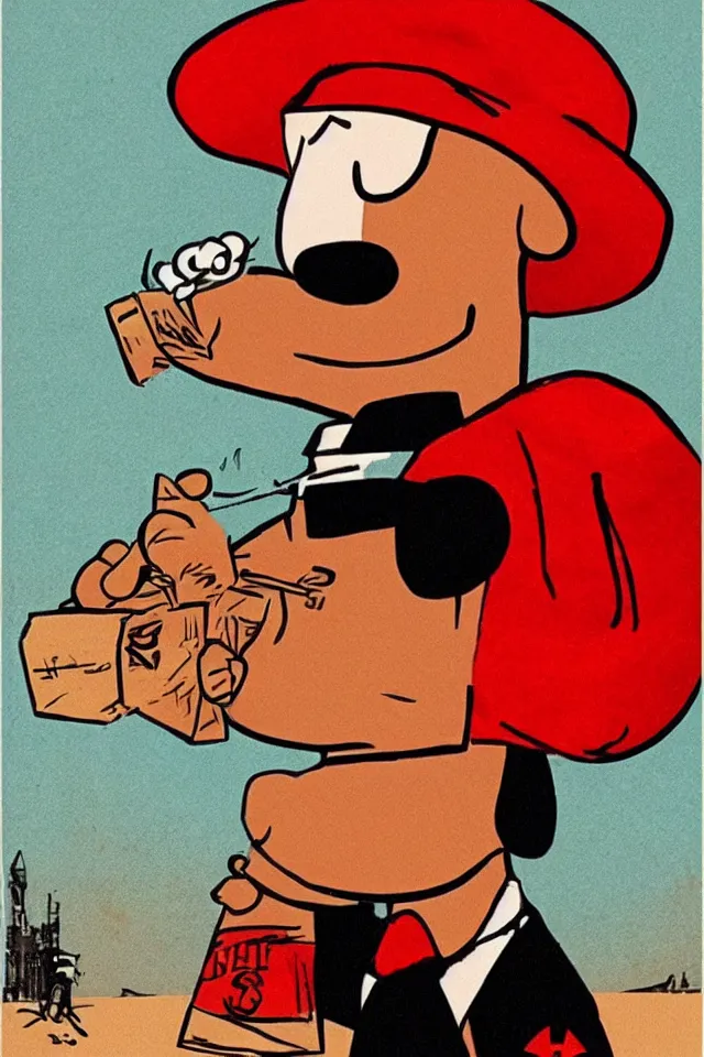 Image similar to an epic socialist realism poster of a singular communist snoopy in a red beret smoking a blunt for the proletariat