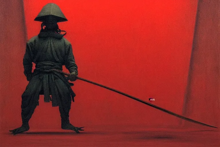 Image similar to only with red, a red samurai do seppuku, tokio, a lot of frogs watch, in the style of beksinski, parts by edward hopper, parts by rodcenko, parts by yue minjun, intricate and epic composition, red by caravaggio, insanely quality, highly detailed, masterpiece, red light, artstation, 4 k