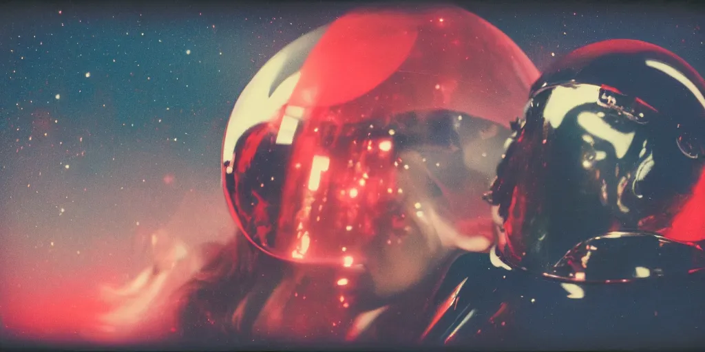 Prompt: analog polaroid portrait of a beautiful plus-sized woman wearing a chrome space helmet, red lipstick, Hajime Sorayama, sheen, red reflections, unreal engine, azure sky, big clouds visible, sunlight, reflection, sparkles, space, stars, nebula, lensflare, film grain, depth of field, color bleed