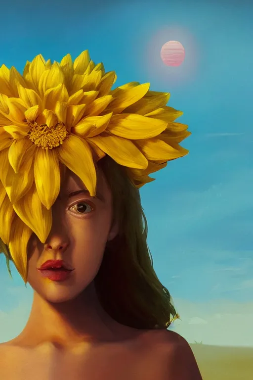 Image similar to closeup girl with huge yellow dahlia flower face, on the beach, surreal photography, blue sky, sunrise, dramatic light, impressionist painting, digital painting, artstation, simon stalenhag