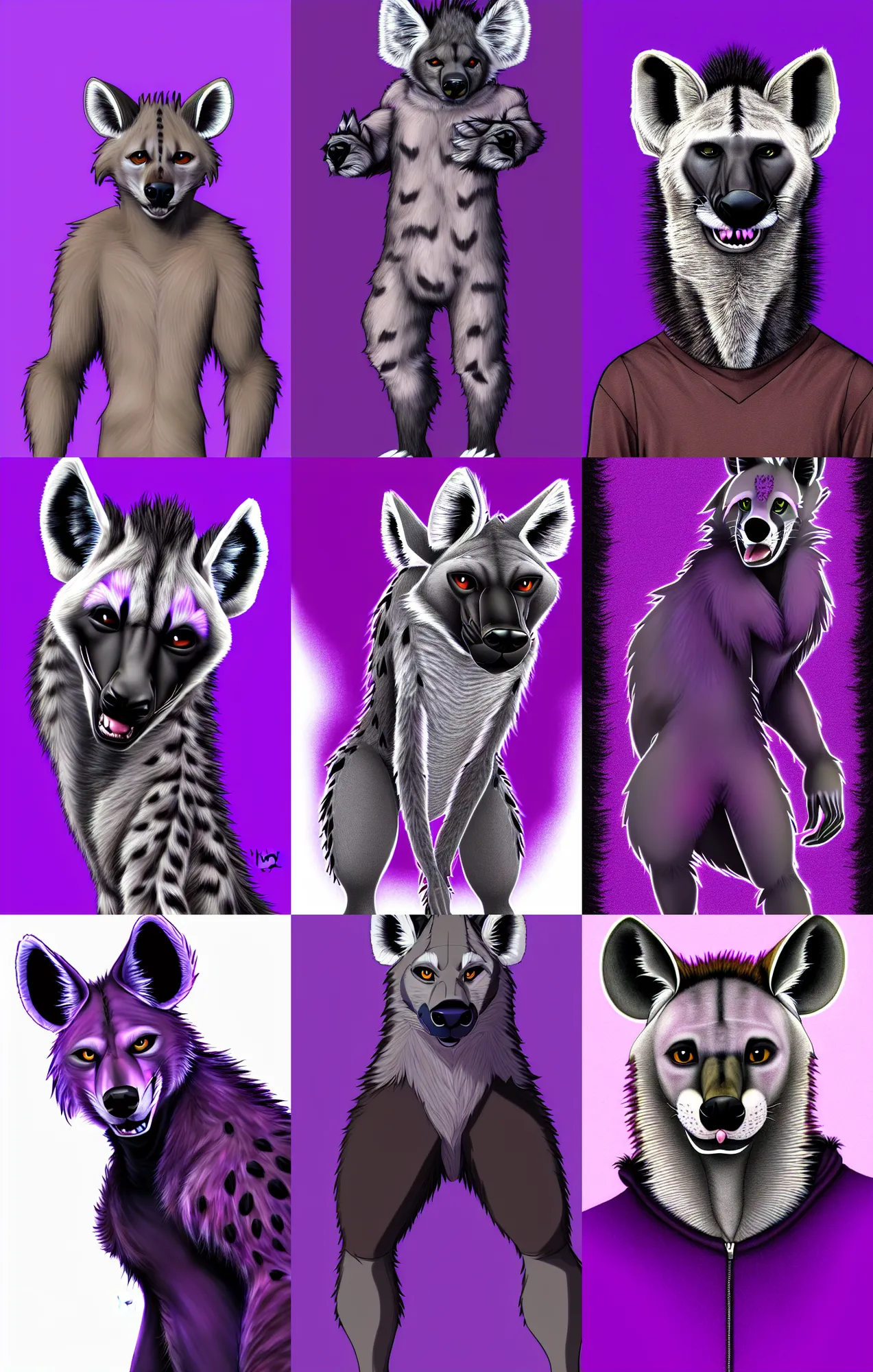 Prompt: a full - body centered front - perspective furry male fursona portrait, a male hyena fursona, purple and black color scheme, trending on weasyl, high - resolution, photorealistic