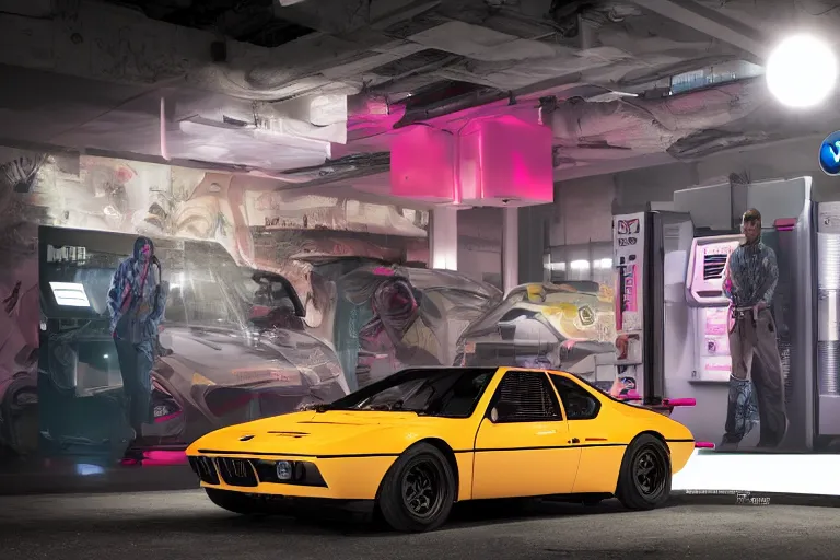 Image similar to BMW M1, neon, ghost in the shell, soft bloom lighting, paper texture, bright sun bleached ground, vending machine, robot lurks in the background, koji morimoto, katsuya terada, genius party, dynamic scene