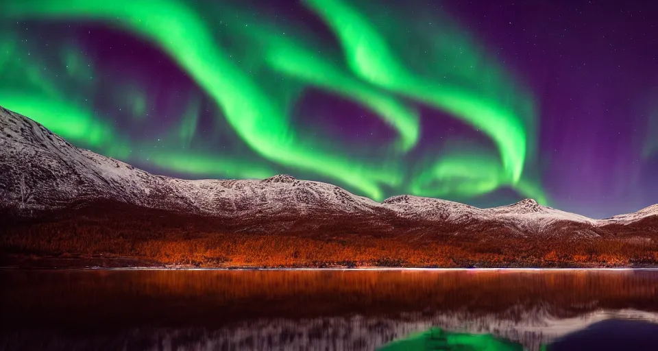 Image similar to a Norwegian fjord surrounded by mountains at night with the northern lights overhead, trees, completely still mirror water reflecting the sky