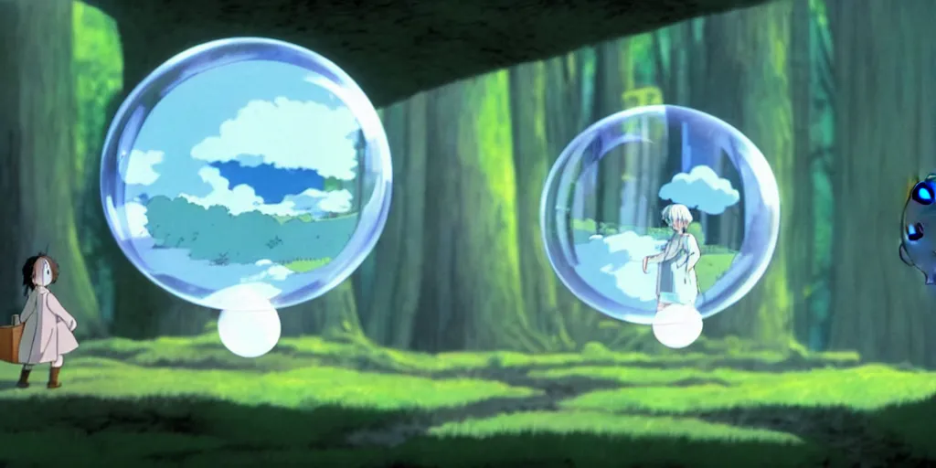 Prompt: unrealistic interior shot from howls moving castle ( 2 0 0 4 ) of a scientist rocketing out of a bubble in a dense woodland an abandoned city. cartoon depth of field.