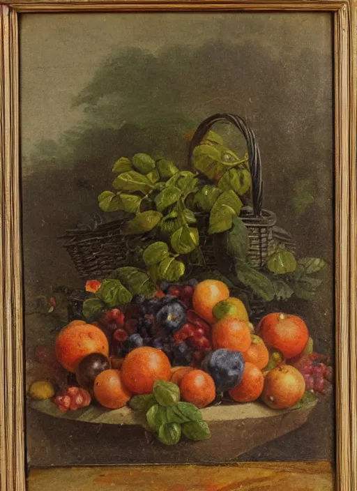 Image similar to a 1 9 th century oil sketch of a basket full of fruit. high quality scan