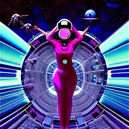 Image similar to futuristic | album cover | space station | astronaut woman | in the style of wayne barlowe