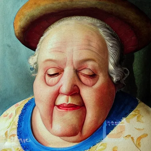 Image similar to a very funny stylize oil painting in renaissance style of a sweet fat old woman kissing her reflection. symmetry face, red mouth, blue eyes. flowery dress. hyper realistic scene. 3 d, octane render, deep focus, white scene. very funny and sweet image. unreal engine. watercolor. fellini style. pencil drawing style.