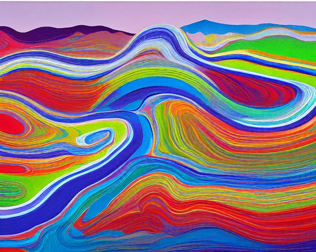 Image similar to A wild, insane, modernist landscape painting. Wild energy patterns rippling in all directions. Curves, organic, zig-zags. Saturated color. Mountains. Clouds. Rushing water. Wayne Thiebaud. Lisa Yuskavage landscape.