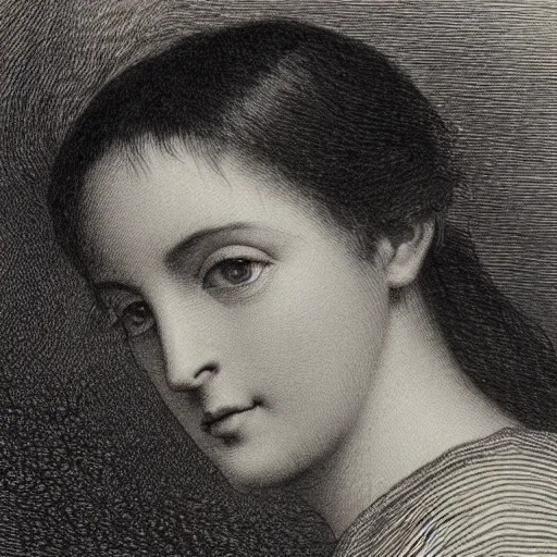 Prompt: extreme close-up, black and white, portrait of a young french woman, marie laforet, Gustave Dore lithography