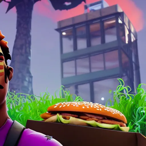 Prompt: hybrid from fortnite eating a big mac