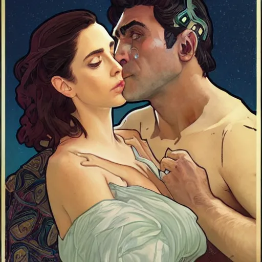 Prompt: young alison brie kissing bojack horseman, painted by artgerm and greg rutkowski and alphonse mucha. clear highly detailed face, beautiful sci fi art,