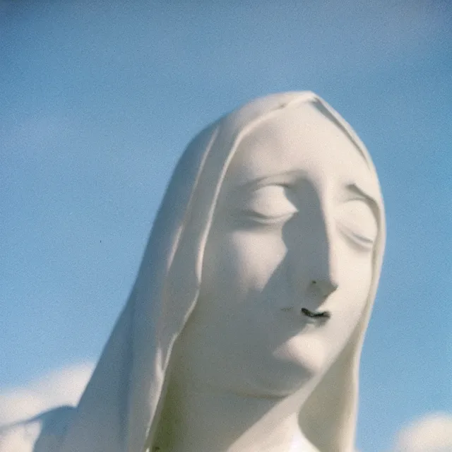 Prompt: closeup of crying white mother mary statue pictured slightly from below, clear sky with blue clouds in background, vintage polaroid