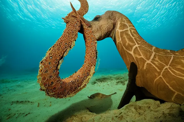 Prompt: underwater photo hibrid tentacle shaped legs jiraffe by national geographic