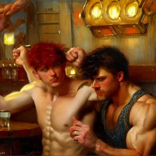 Image similar to attractive muscular male with red hair and muscular attractive male with black hair, drinking their hearts out, in a pub. very defined and highly detailed painting by gaston bussiere, j. c. leyendecker, craig mullins 8 k