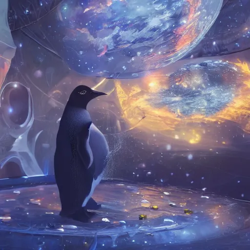 Image similar to magical penguin in a space station looking at the earth , realistic cinematic, volumetric lighting, centered, symmetrical, sharp focus, digital painting, mystical art, smooth, trending on Artstation, 4k