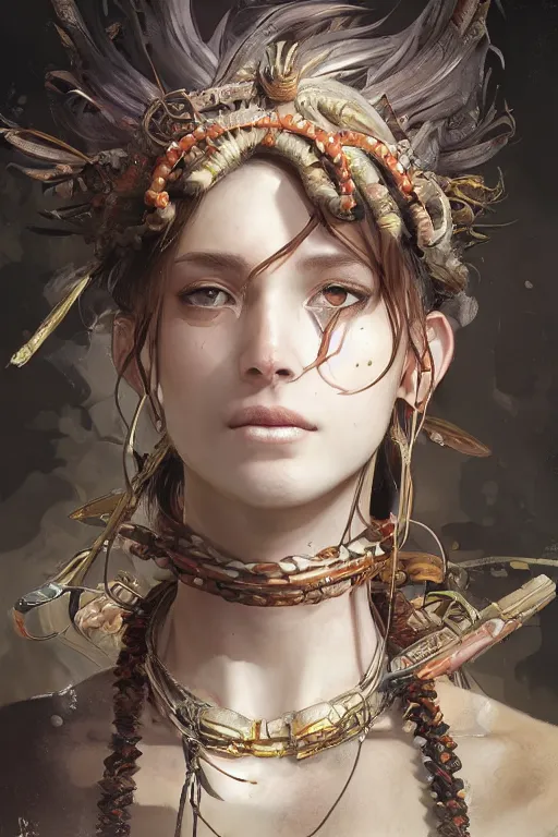 Image similar to A masterpiece portrait of a Incredibly beautiful queer Syberian post apocalyptic shaman girl . medium shot, intricate, elegant, highly detailed. trending on artstation, digital art, by Stanley Artgerm Lau, WLOP, Rossdraws, James Jean, Andrei Riabovitchev, Marc Simonetti, Yoshitaka Amano