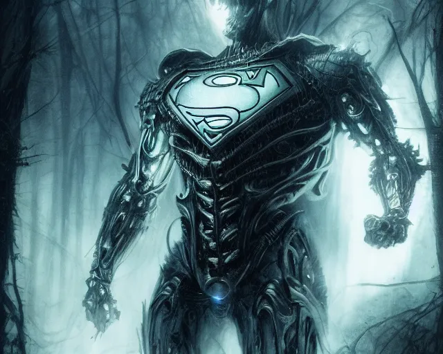 Image similar to 5 5 mm close up portrait photo of an armored biomechanical demonic superman looking at the camera, in a magical forest. dark atmosphere. art by greg rutkowski and luis royo. highly detailed 8 k. intricate. lifelike. soft light. nikon d 8 5 0.