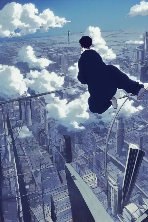 Prompt: man in white tracksuit overlooking a city, style of Mirror\'s Edge, dreamy, beautiful clouds, beautiful artwork by Makato Shinkai + Satoshi Kon, anime