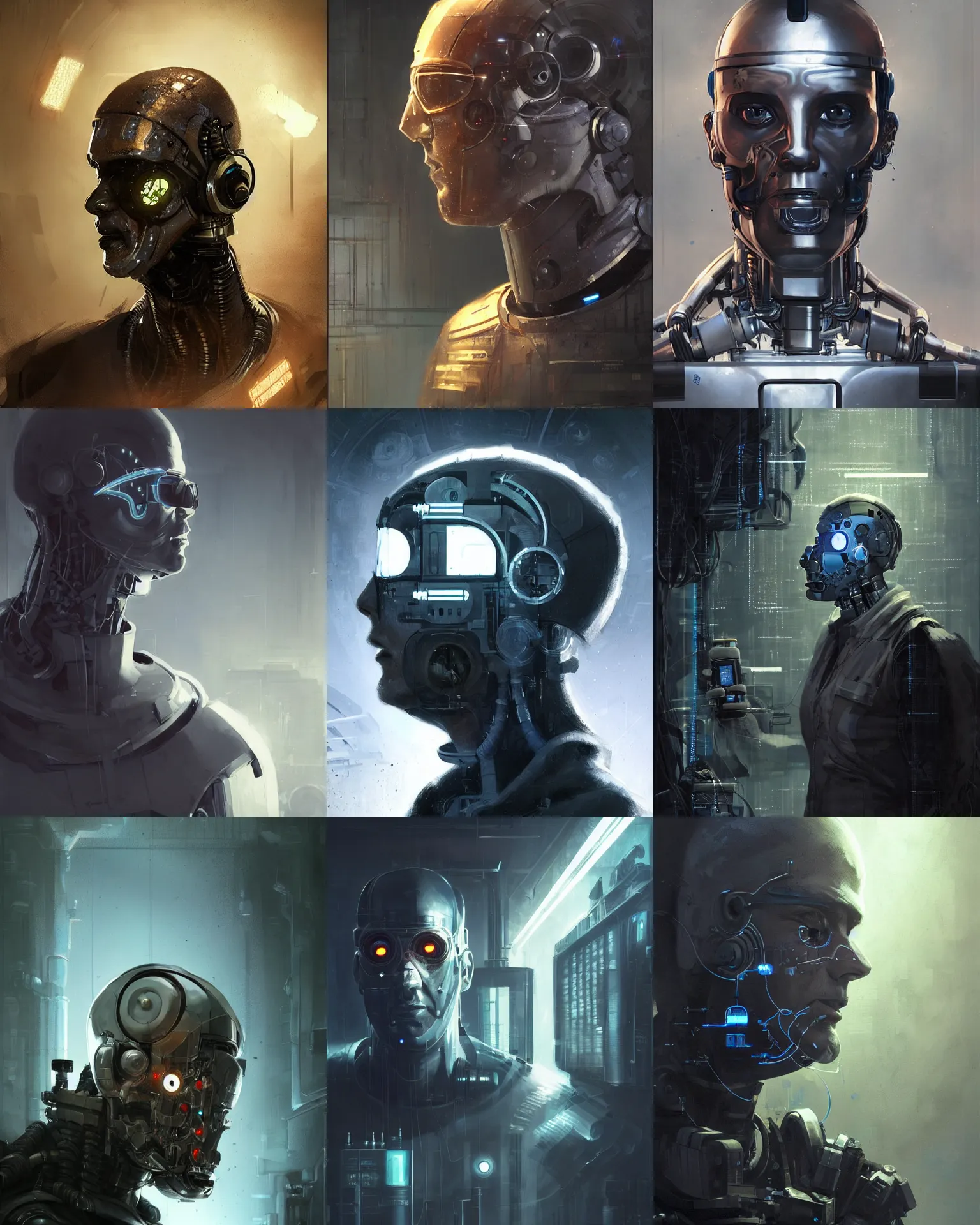 Prompt: a half masked laboratory engineer man with cybernetic enhancements seen from a distance, scifi character portrait by greg rutkowski, craig mullins, 1 / 4 headshot, cinematic lighting, gobo shadows, dystopian scifi outfit, profile picture, mechanical, cyborg, half robot