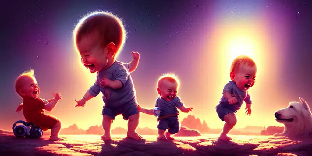 Image similar to epic professional digital art of a happy baby boy with his two fathers, best on artstation, cgsociety, wlop, cosmic, epic, stunning, gorgeous, much detail, much wow, masterpiece, backlight