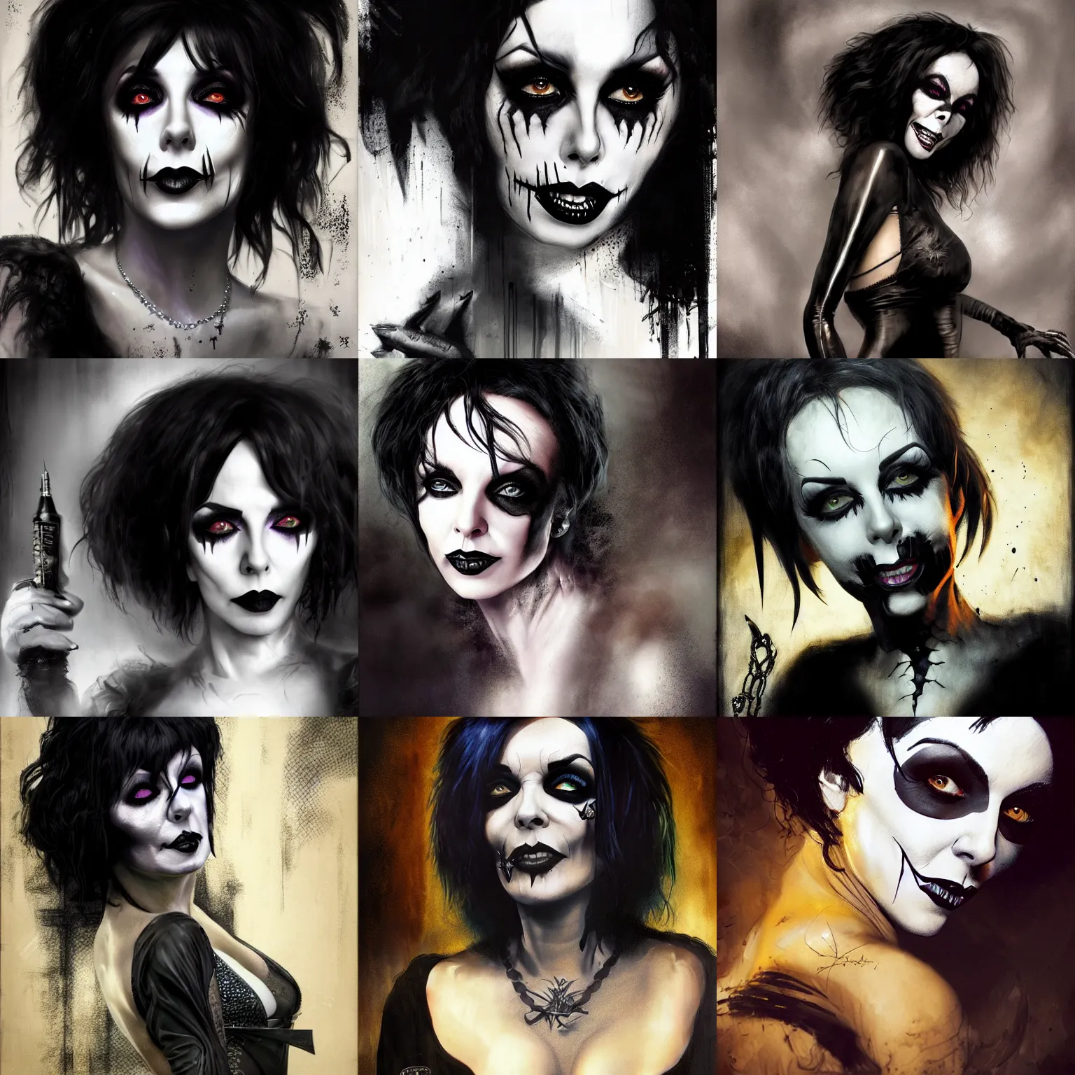 Prompt: liz taylor as death from sandman, gentle smile, goth chic, by cedric peyravernay, by lecouffe deharme and maciej kuciara, by dave mckean, soft lightning, eyeliner, punk rock, high detailed, 8 k