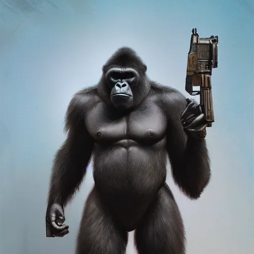 Image similar to detailed science - fiction character portrait of a gorilla with a gun, wild, highly detailed, digital painting, artstation, concept art, smooth, sharp focus, illustration, art by artgerm and greg rutkowski and alphonse mucha