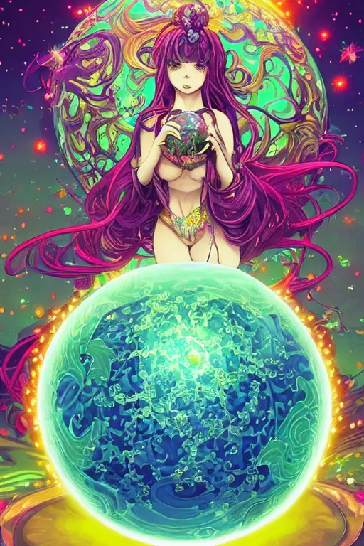 Prompt: psychedelic, acid trip, intricate, highly detailed, anime, 4k, beautiful seductive slime girl holding a huge orb containing the universe, with professional makeup, long trippy hair, surrounded by gems, underneath the stars, trending on patreon, deviantart, twitter, artstation, volumetric lighting, heavy contrast, by artgerm and Ilya Kuvshinov and alphonse mucha, interstellar galaxy