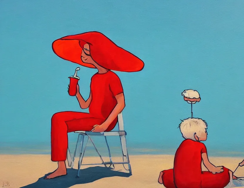 Image similar to a painting of a lazy red tomato on a sunny beach eating ice cream, a sunset by james jean