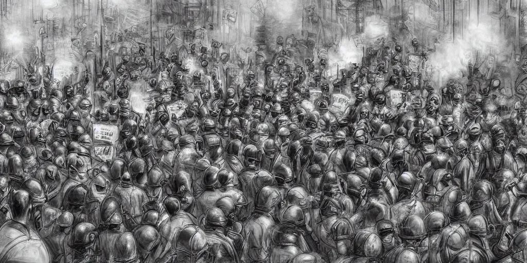 Prompt: few policemans lined up, standing against the protesters with blank posters, сlear sky, concept art, intricate details, highly professionally detailed,, highly detailed -